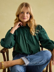 Joules Mariella Green Paisley Cotton Frill Neck Blouse - Image 6 of 8