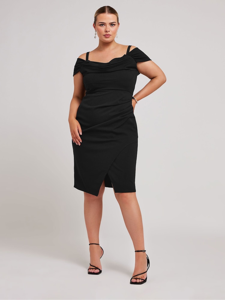 Yours Curve Black Cold Shoulder Ruched Tulip Hem Dress - Image 4 of 4