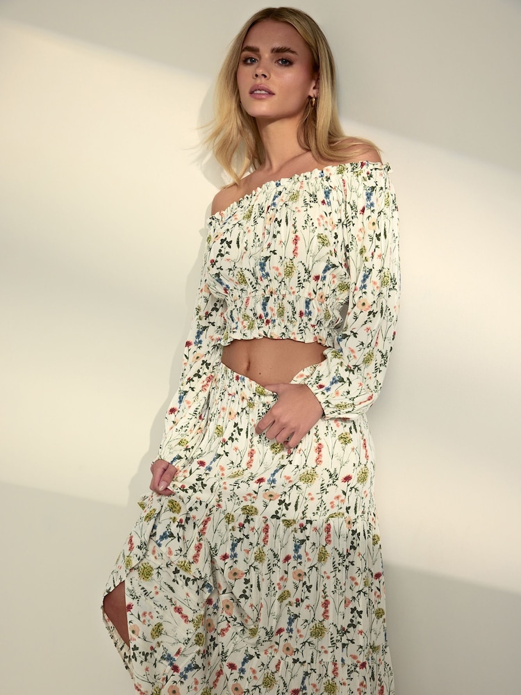 PixieGirl Petite Cream Floral Print Bardot Top - Image 1 of 3