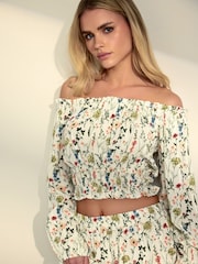 PixieGirl Petite Cream Floral Print Bardot Top - Image 2 of 3