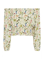 PixieGirl Petite Cream Floral Print Bardot Top - Image 3 of 3