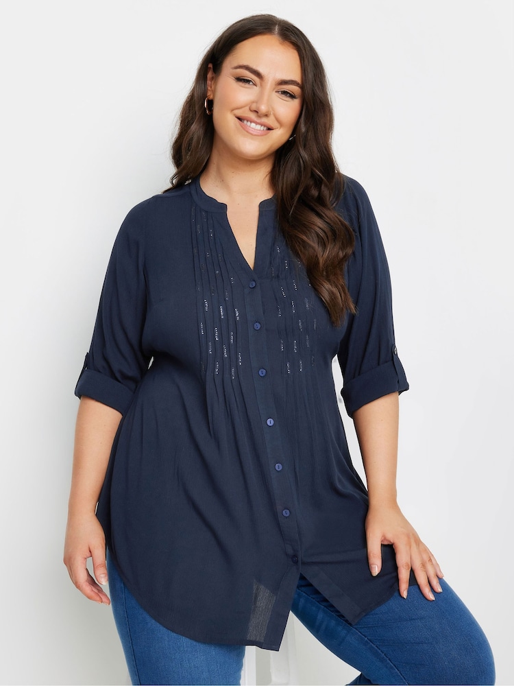 Yours Curve Blue Pintuck Embellished Shirt - Image 1 of 5