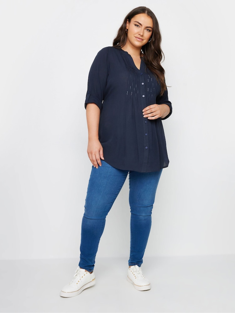 Yours Curve Blue Pintuck Embellished Shirt - Image 2 of 5