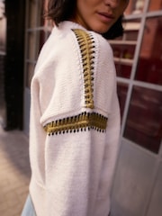 White Ecru Contrast Trim Soft Touch Knitted Jumper - Image 5 of 8