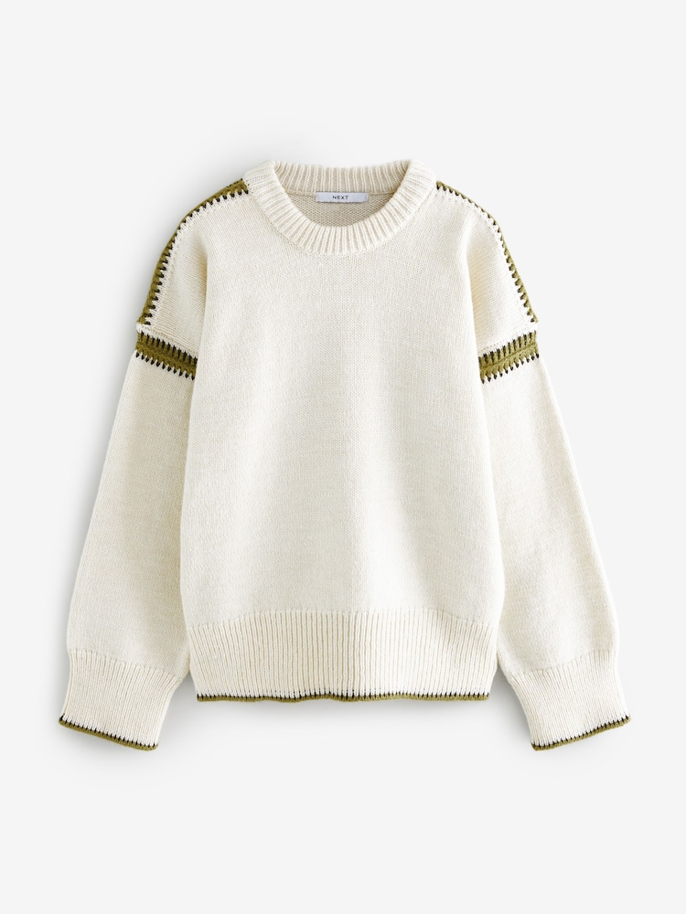 Blanc écru - Pull en maille Soft Touch à bordures contrastées - Image 6 of 8