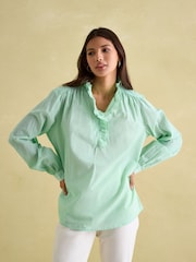 Joules Melanie Green/White Cotton Ruffle Blouse - Image 1 of 7