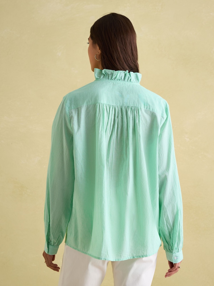 Joules Melanie Green/White Cotton Ruffle Blouse - Image 2 of 7
