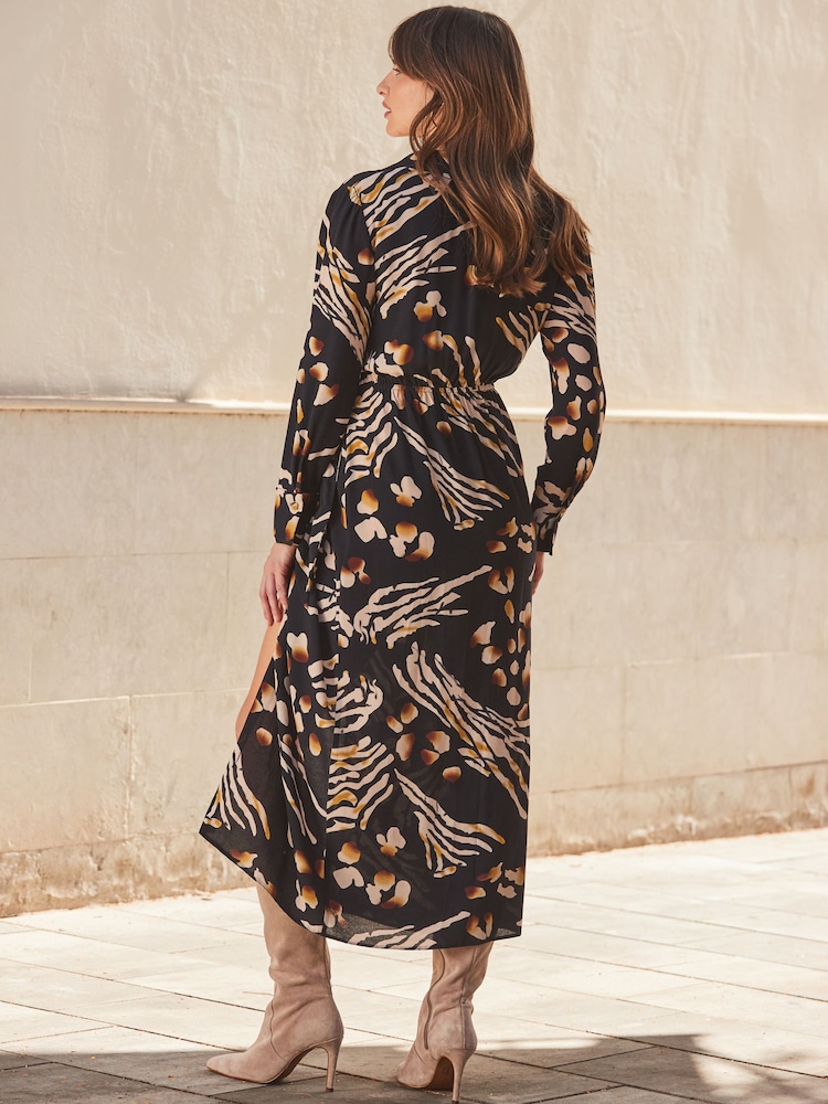 Sosandar Black Abstract Animal Print Wrap Midi Dress - Image 4 of 4