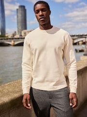 Бежевый/белый - Long Sleeves Waffle Texture Crew 100% Cotton T-Shirt - Image 3 of 8