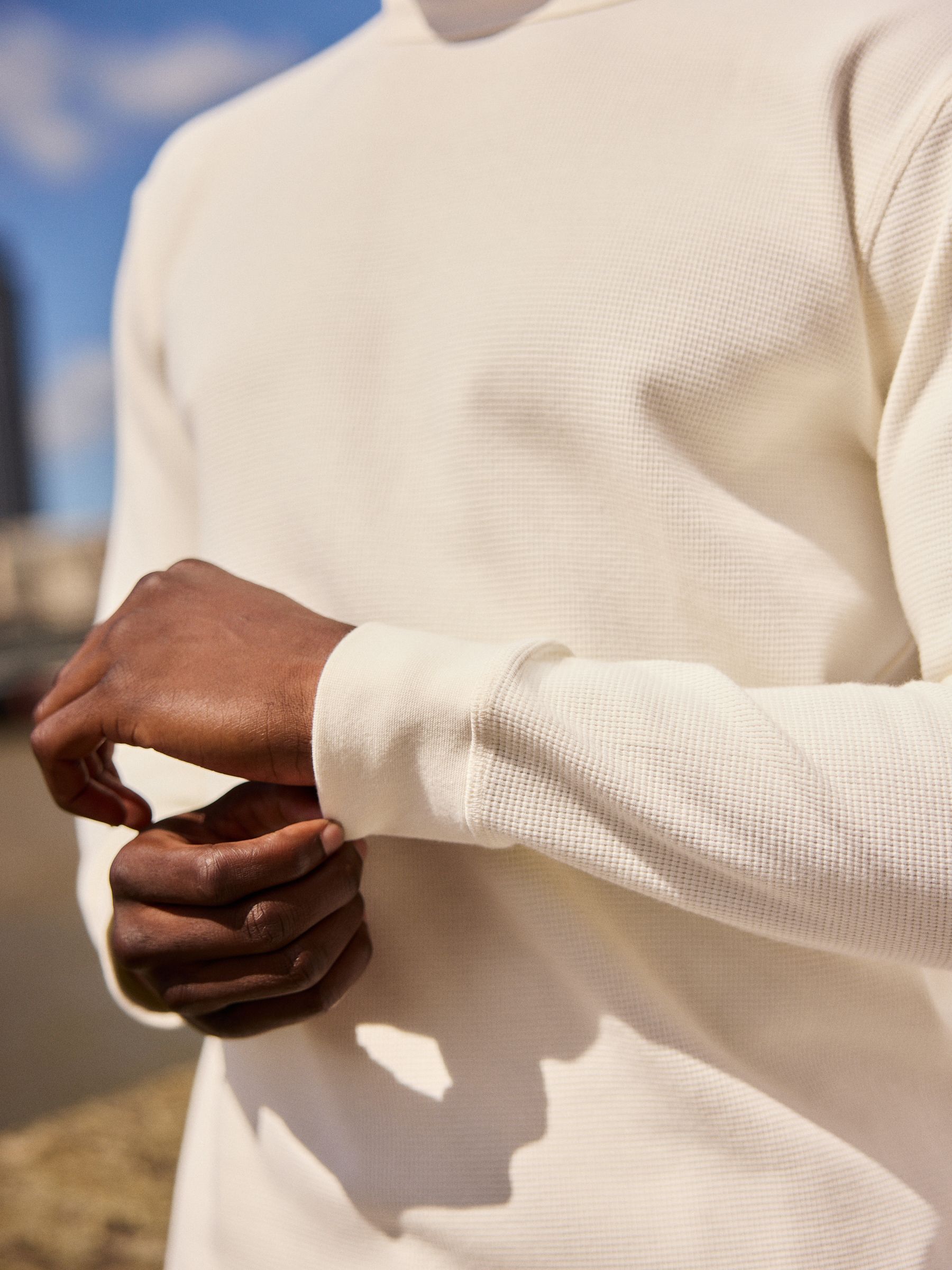 Buy Ecru White Long Sleeves Waffle Texture Crew 100% Cotton