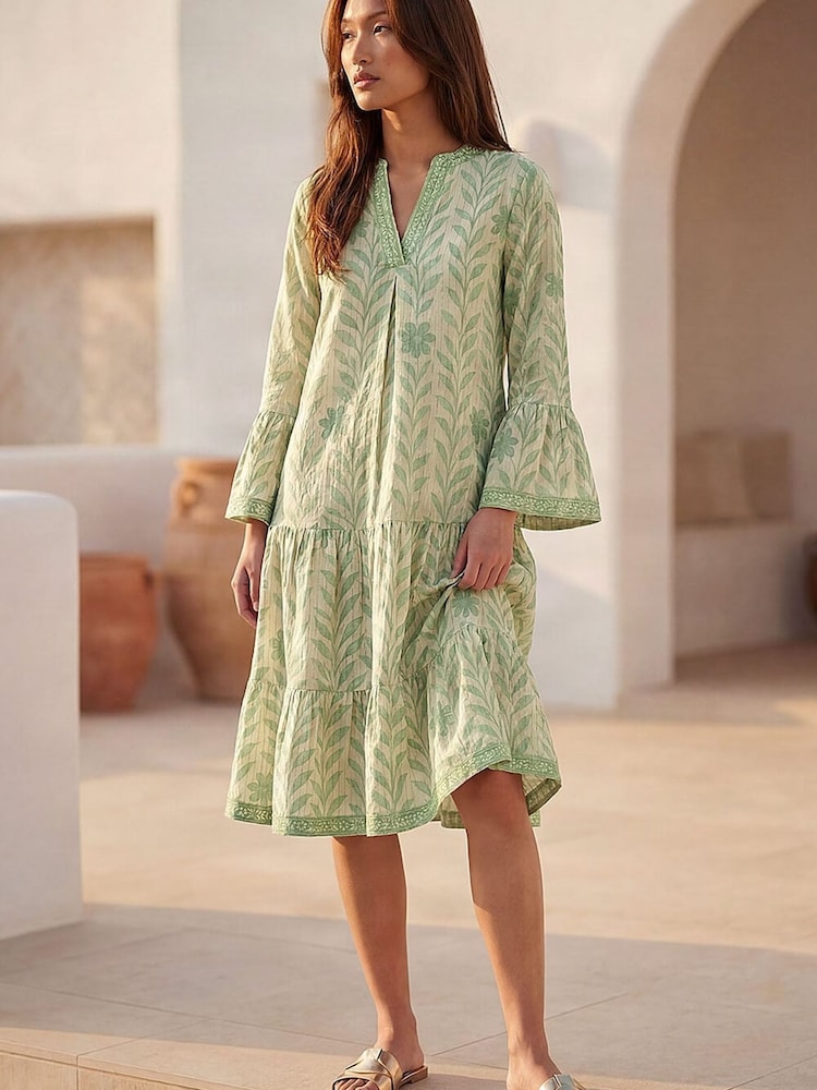 Roman Green Leaf Print Tiered Boho Dress - Image 1 of 5 Roman Green Leaf Print Tiered Boho Dress - Image 1 of 5