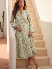 Roman Green Leaf Print Tiered Boho Dress - Image 4 of 5