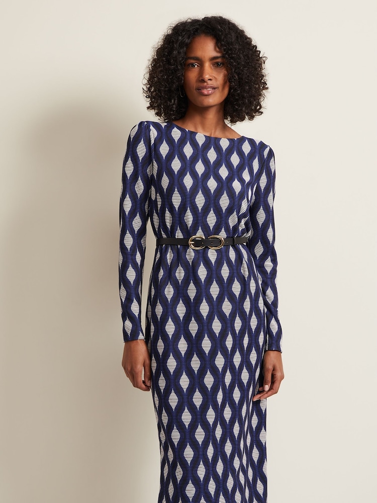 Phase Eight Blue Kelly Geo Midi Shift Dress - Image 1 of 7