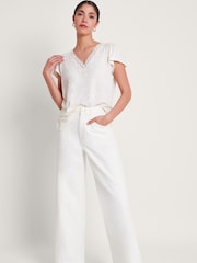 Monsoon White Lace 100% Linen Lisa T-Shirt - Image 1 of 3