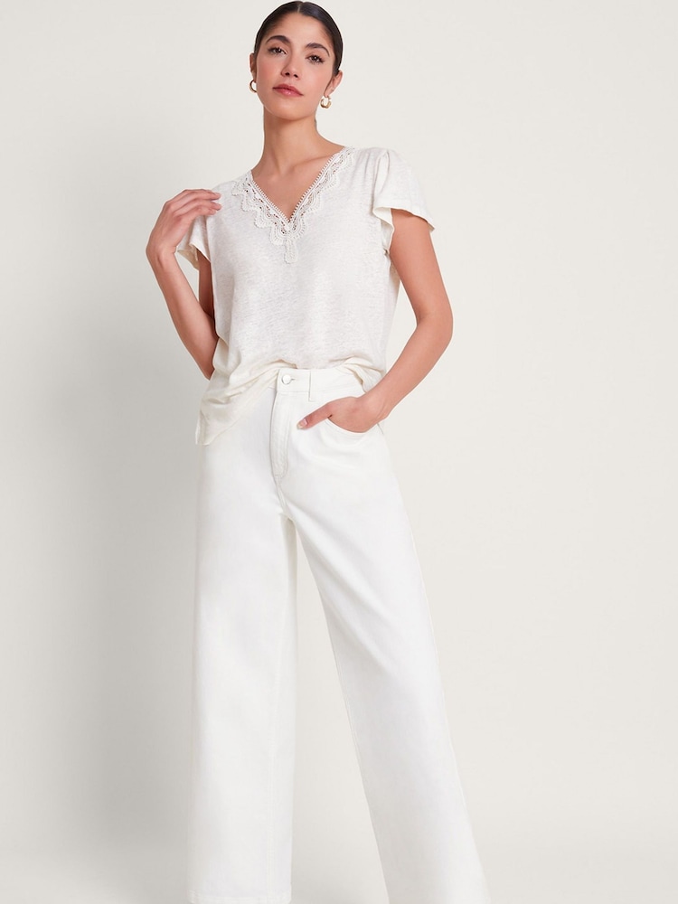 Monsoon White Lace 100% Linen Lisa T-Shirt - Image 1 of 3