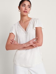 Monsoon White Lace 100% Linen Lisa T-Shirt - Image 3 of 3