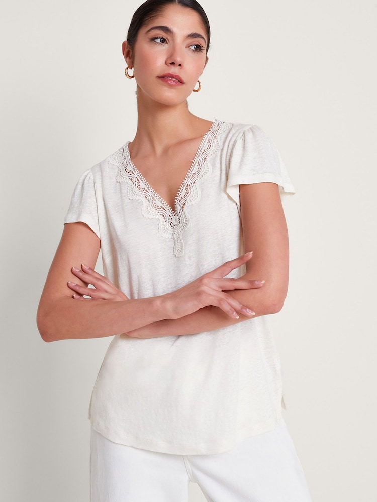 Monsoon White Lace 100% Linen Lisa T-Shirt - Image 3 of 3