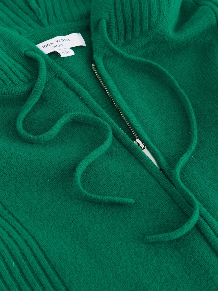 Green 100% Wool Premium Zip Through Knitted Hoodie - Image 7 of 7
