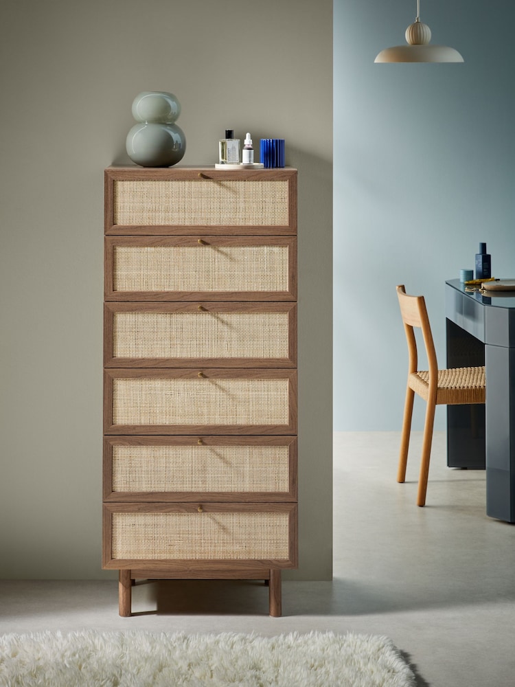 MADE.COM Dark Oak Effect Pavia Rattan 6 Drawer Chest of Drawers - Image 1 of 5
