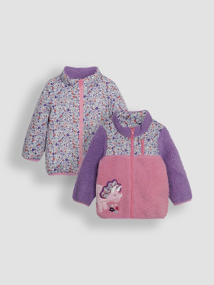 JoJo Maman Bébé Lilac Purple Dino Reversible Hooded Teddy Fleece - Image 1 of 7