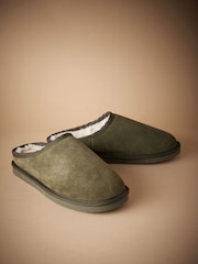 Khaki Green Faux Fur Lined Signature Suede Mule Slippers - Image 1 of 6