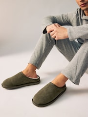 Khaki Green Faux Fur Lined Signature Suede Mule Slippers - Image 2 of 6
