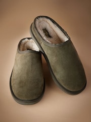 Khaki Green Faux Fur Lined Signature Suede Mule Slippers - Image 3 of 6
