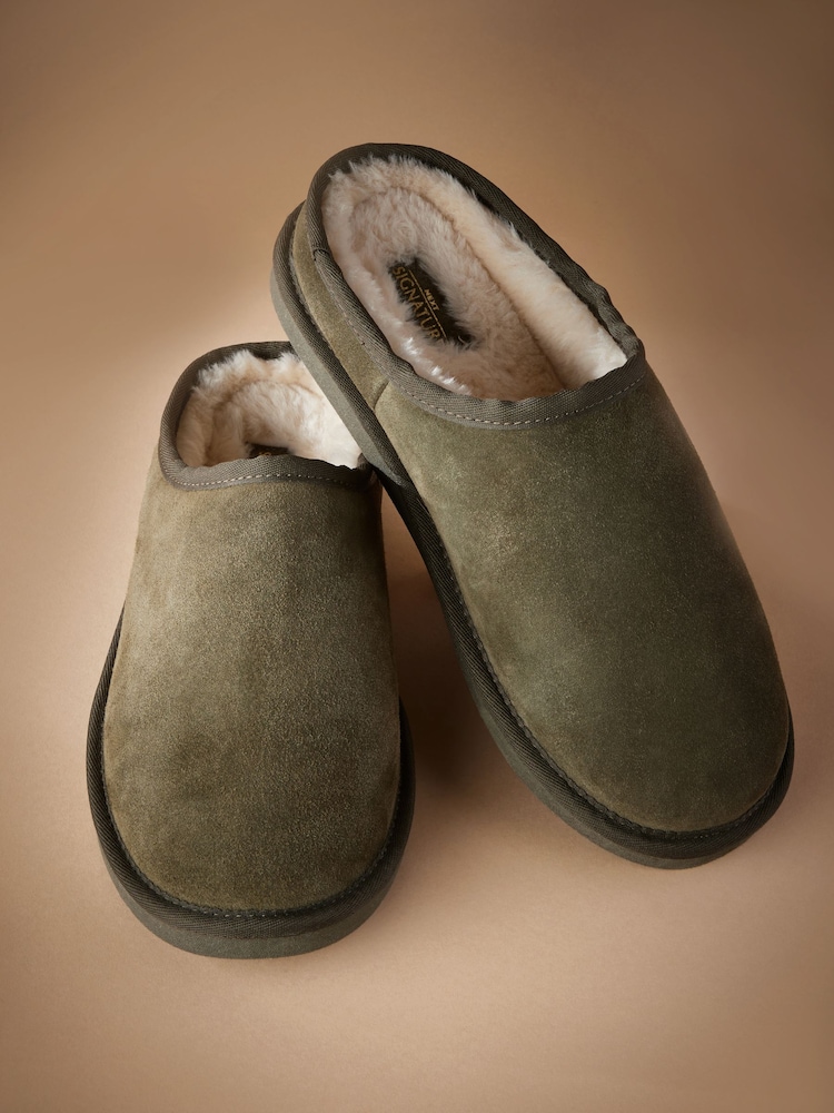 Khaki Green Faux Fur Lined Signature Suede Mule Slippers - Image 3 of 6