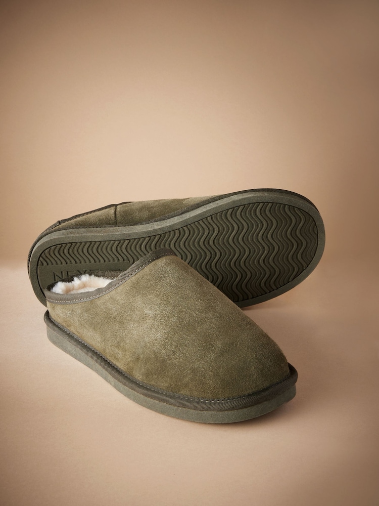 Khaki Green Faux Fur Lined Signature Suede Mule Slippers - Image 4 of 6