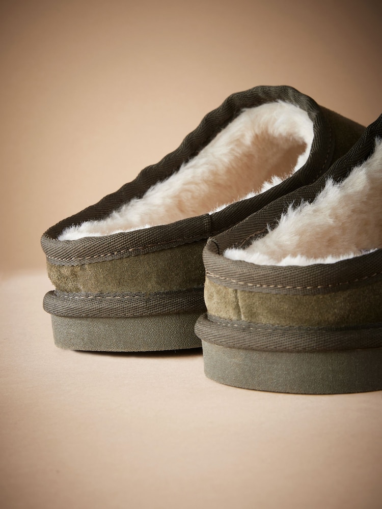 Khaki Green Faux Fur Lined Signature Suede Mule Slippers - Image 5 of 6