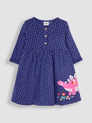 JoJo Maman Bébé Navy Blue Dino Appliqué Button Front Dress - Image 1 of 4