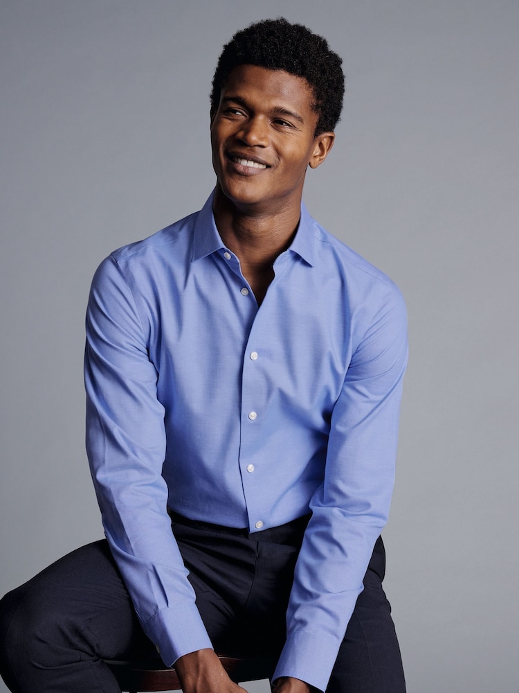 Синий - Charles Tyrwhitt слим фит Нежелезный хлопковый лен рубашки - Image 2 of 7