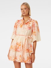 Forever New Cream Isla Printed Tiered Mini Dress With a Touch of Linen - Image 1 of 5