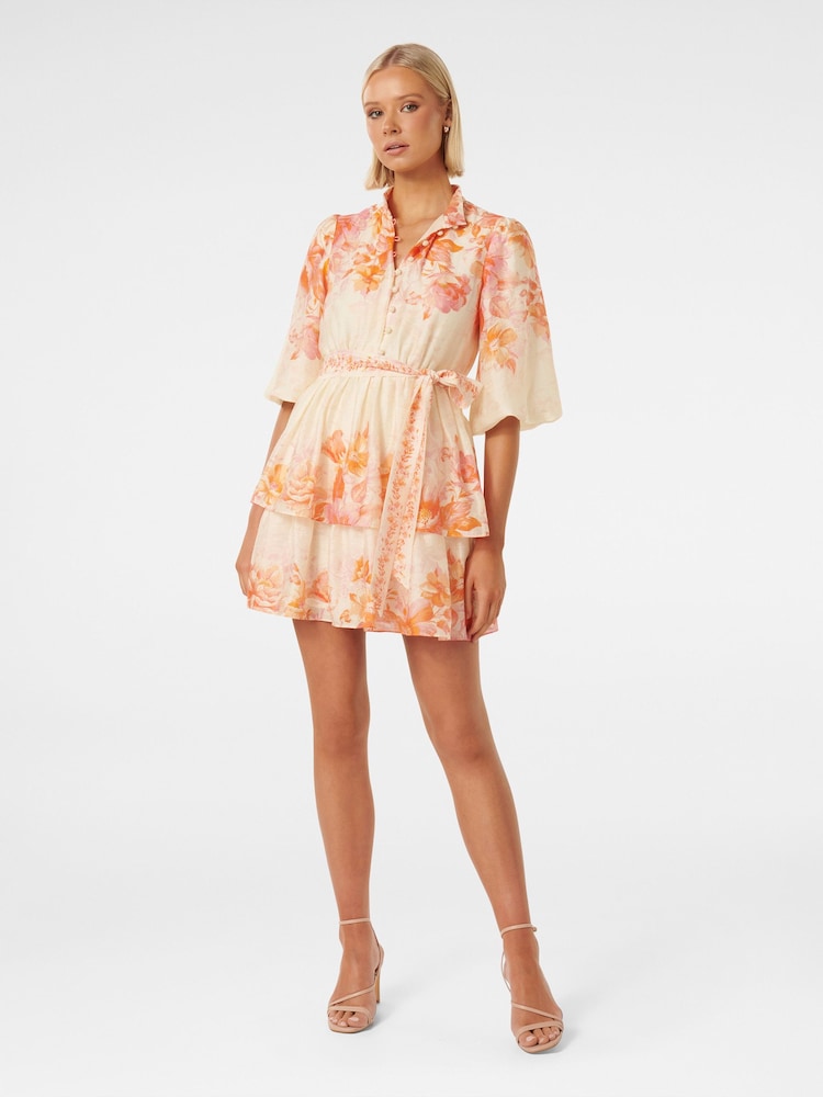 Forever New Cream Isla Printed Tiered Mini Dress With a Touch of Linen - Image 5 of 5