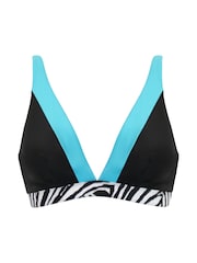 Pour Moi Black & Blue Zebra Print Palm Springs Colour Block Non Wired Bikini Top - Image 1 of 2