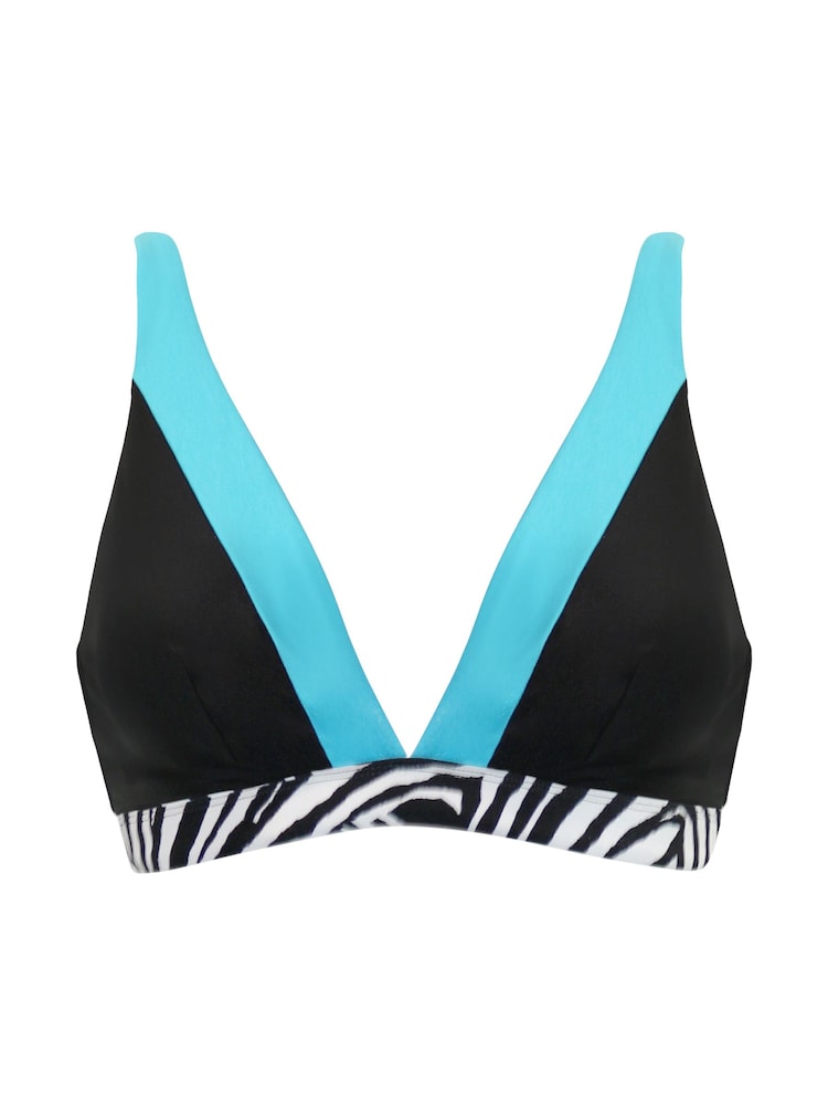 Pour Moi Black & Blue Zebra Print Palm Springs Colour Block Non Wired Bikini Top - Image 1 of 2