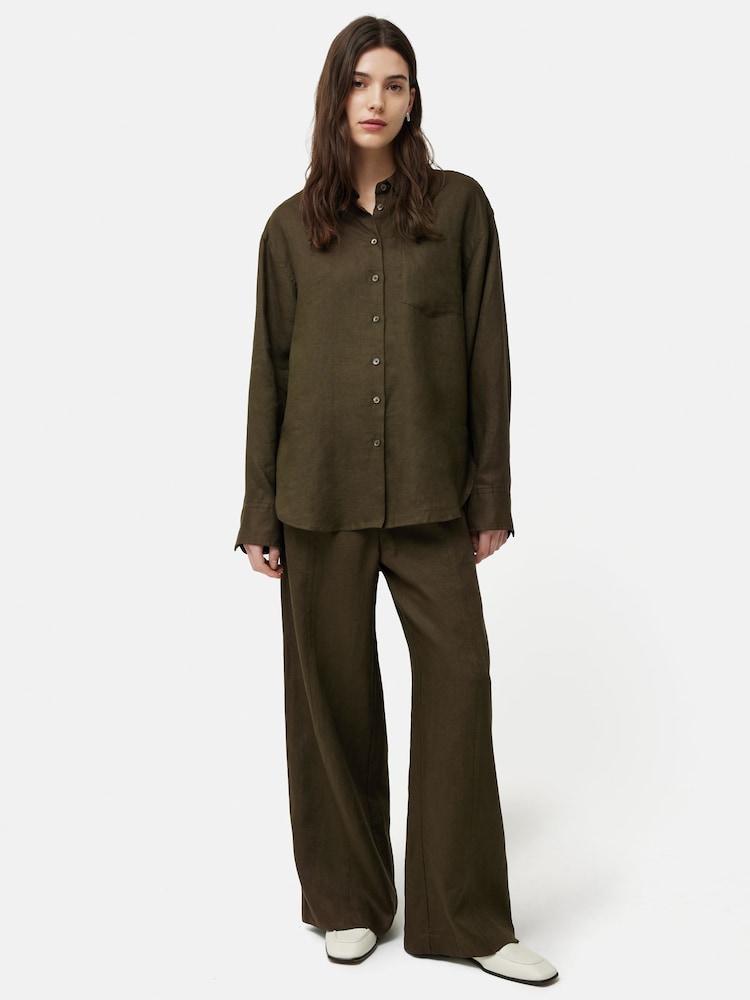 Jigsaw Green Dark Jigsaw Linen Wide Leg Trousers - Image 1 of 5