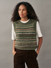 Green Khaki Patterned Sleeveless Crew Neck Knitted Tank Vest Jumper Top - Image 1 of 7