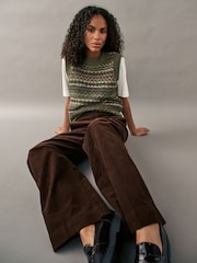 Green Khaki Patterned Sleeveless Crew Neck Knitted Tank Vest Jumper Top - Image 4 of 7