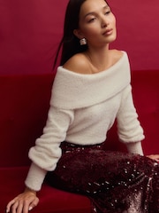 White Ecru Fluffy Off Shoulder Bardot Jumper - Image 1 of 9