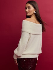 White Ecru Fluffy Off Shoulder Bardot Jumper - Image 4 of 9