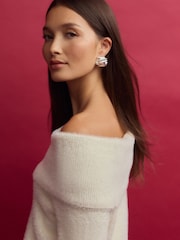 White Ecru Fluffy Off Shoulder Bardot Jumper - Image 5 of 9