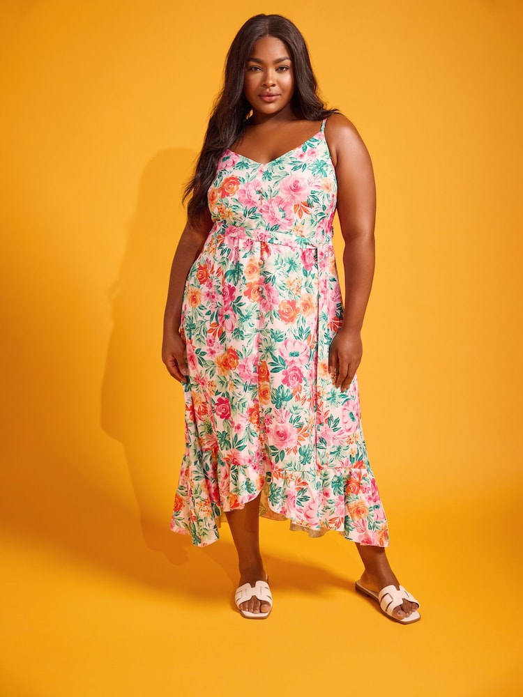 Yours Curve White Floral Print Frill Hem Dress - Image 1 of 6