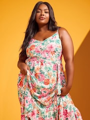 Yours Curve White Floral Print Frill Hem Dress - Image 2 of 6