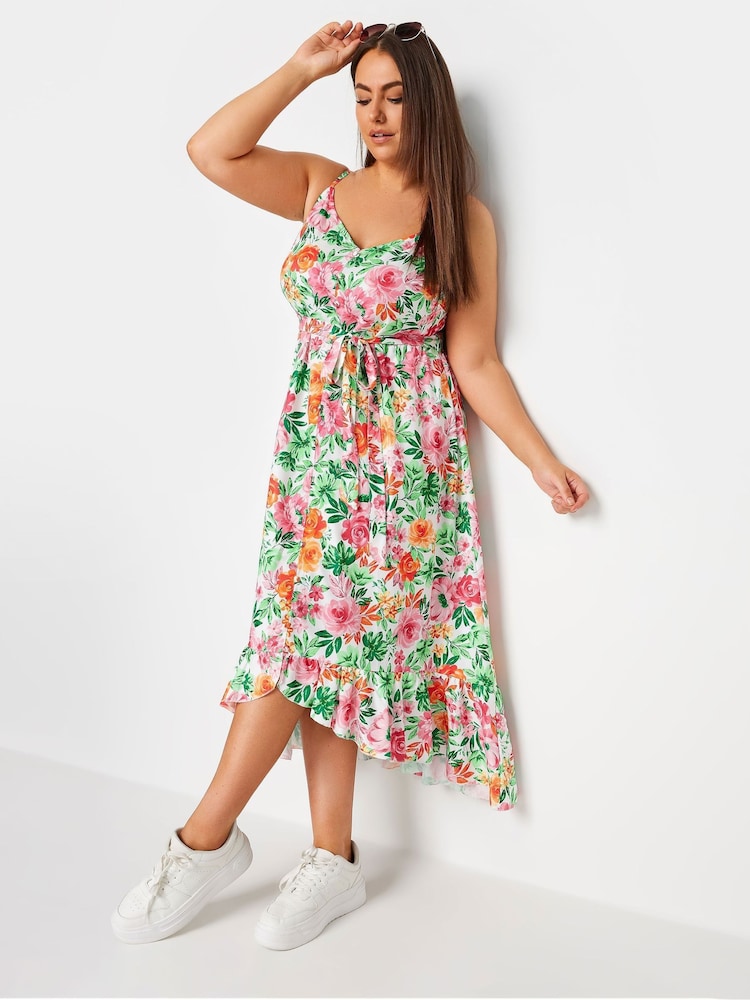 Yours Curve White Floral Print Frill Hem Dress - Image 3 of 6
