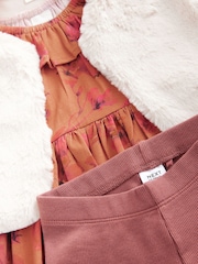 Rust Brown Long Sleeve 100% Cotton Dress with Gilet and Leggings Set (3mths-7yrs) - Image 2 of 4