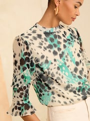 Love & Roses Beige Round Neck Ruffle 3/4 Sleeve Blouse - Image 1 of 4