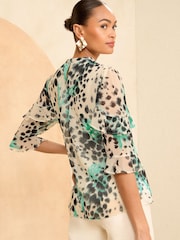 Love & Roses Beige Round Neck Ruffle 3/4 Sleeve Blouse - Image 3 of 4