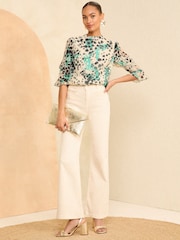 Love & Roses Beige Round Neck Ruffle 3/4 Sleeve Blouse - Image 4 of 4