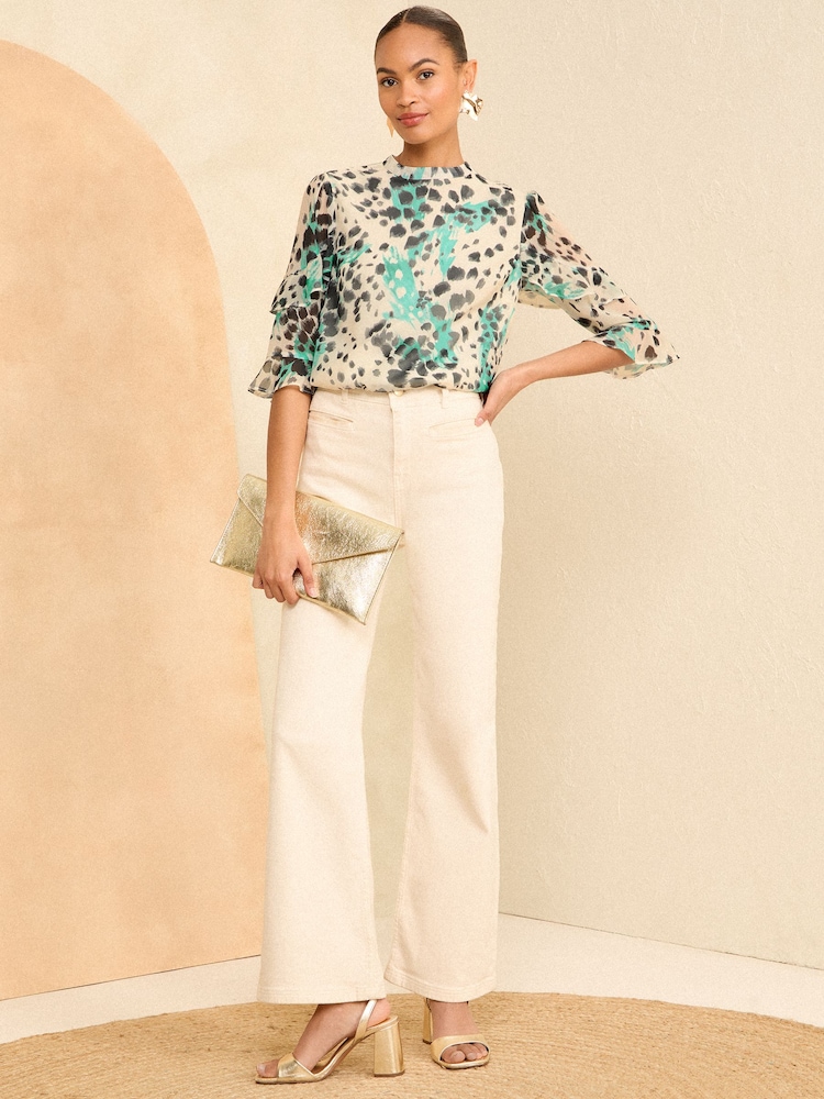 Love & Roses Beige Round Neck Ruffle 3/4 Sleeve Blouse - Image 4 of 4